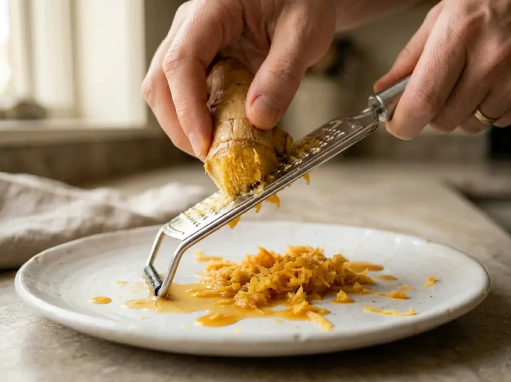 fresh ginger being grated for neuro honey blend recipe