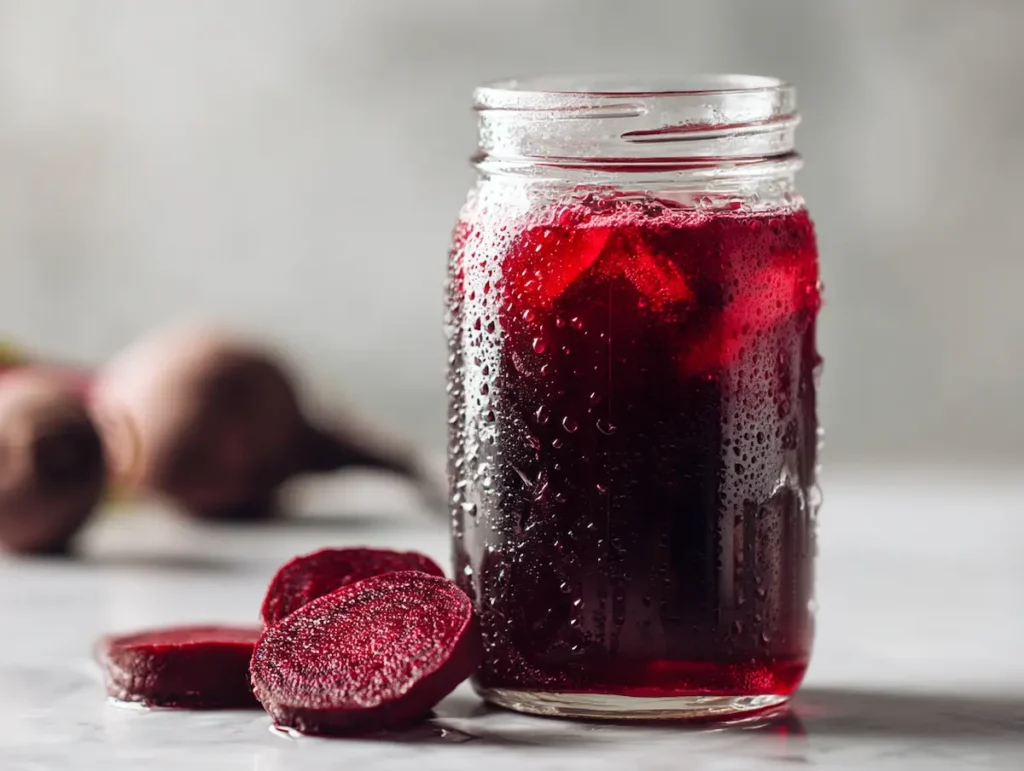 Hero image of deep ruby red beet kvass recipe in clear mason jar on white marble surface