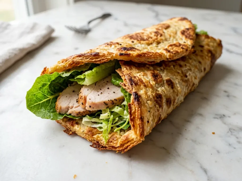Golden baked cottage cheese flatbread wrap filled with turkey
