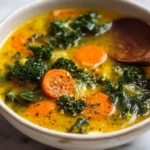 Sourdough discard gut healing soup in white ceramic bowl on marble