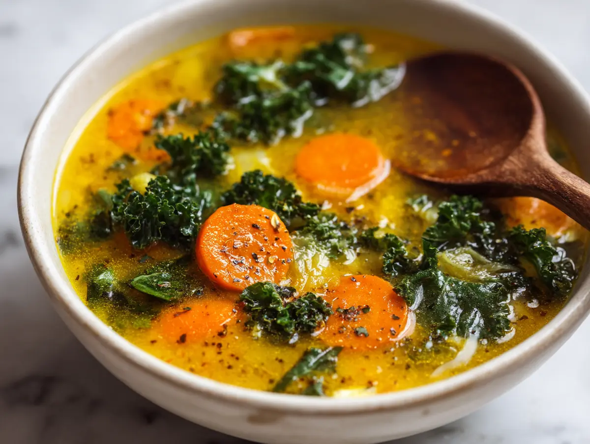 Sourdough discard gut healing soup in white ceramic bowl on marble