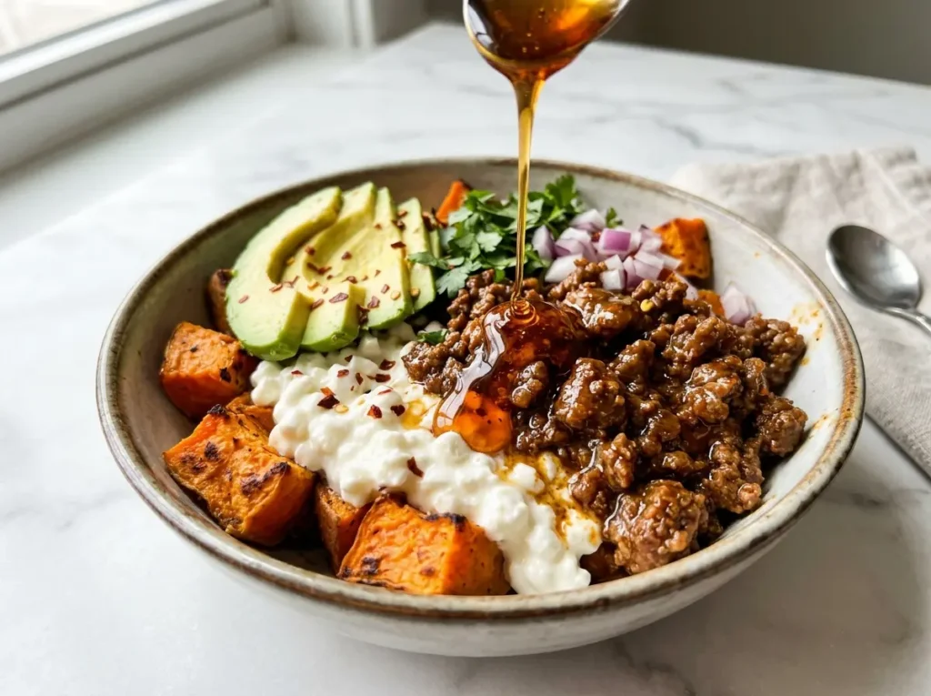 Ultimate viral cottage cheese sweet potato beef bowl loaded with avocado