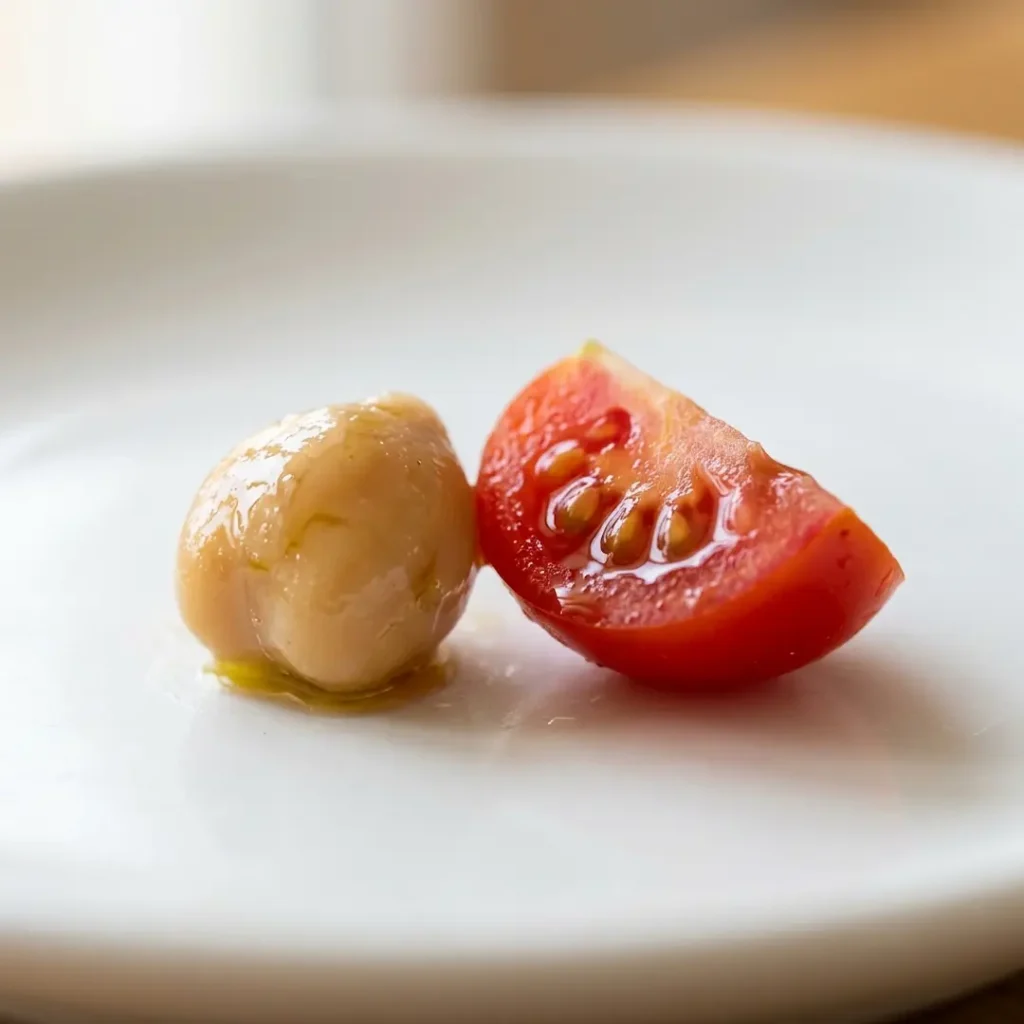 Macro shot of a chickpea and cherry tomato