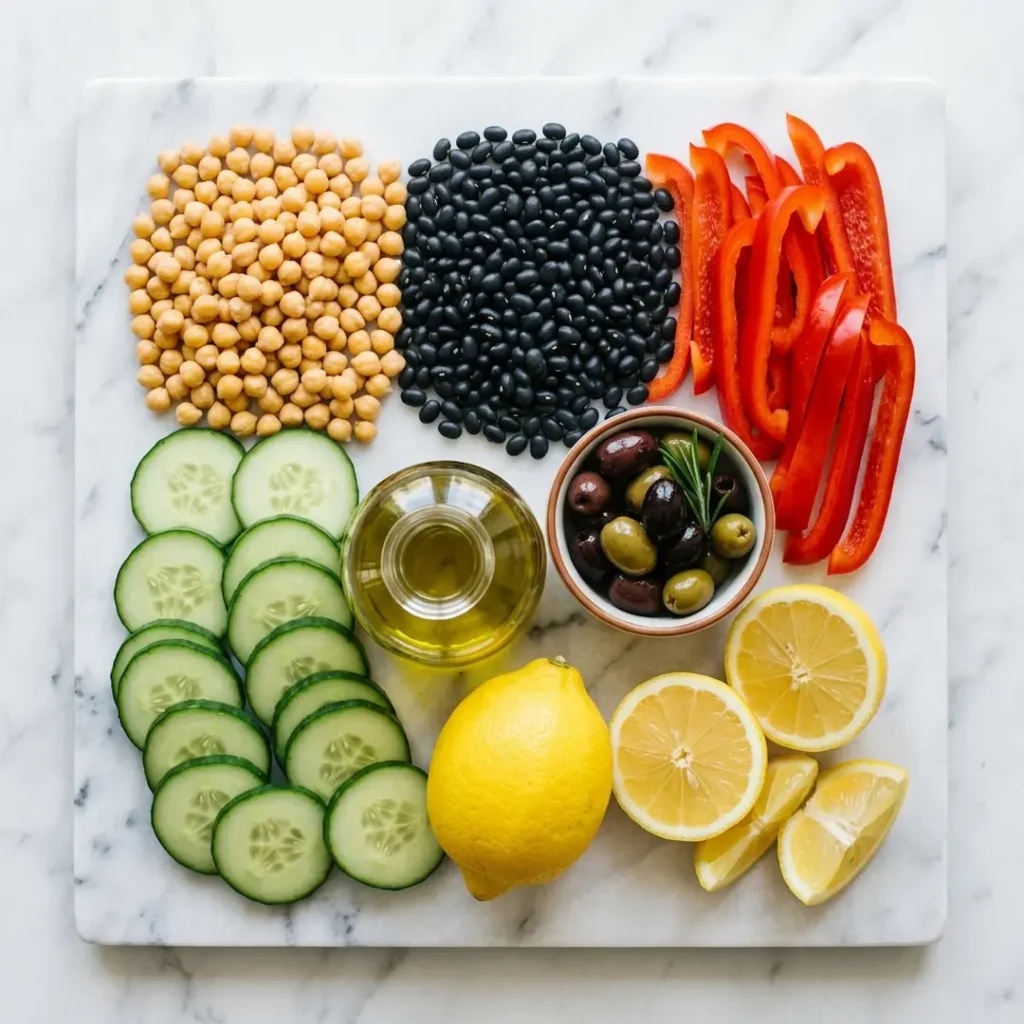 Fresh ingredients arranged for the dense bean salad