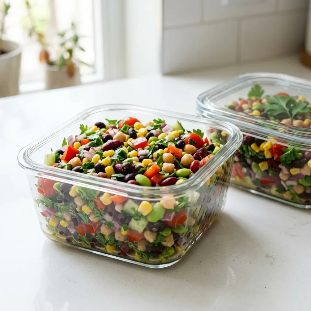 Glass containers filled with dense bean meal prep