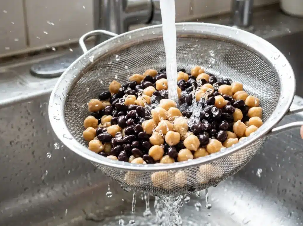 Rinsing canned beans in a metal strainer