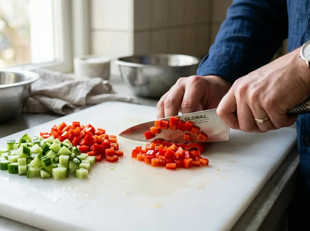 Dicing cucumbers and peppers for dense bean salad