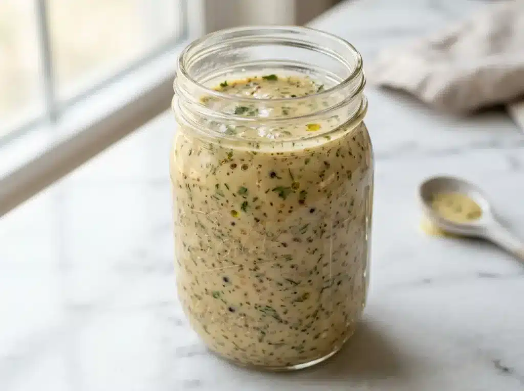 Emulsified vinaigrette in a glass mason jar