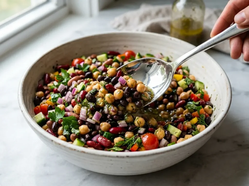 Folding dressing into the dense bean salad