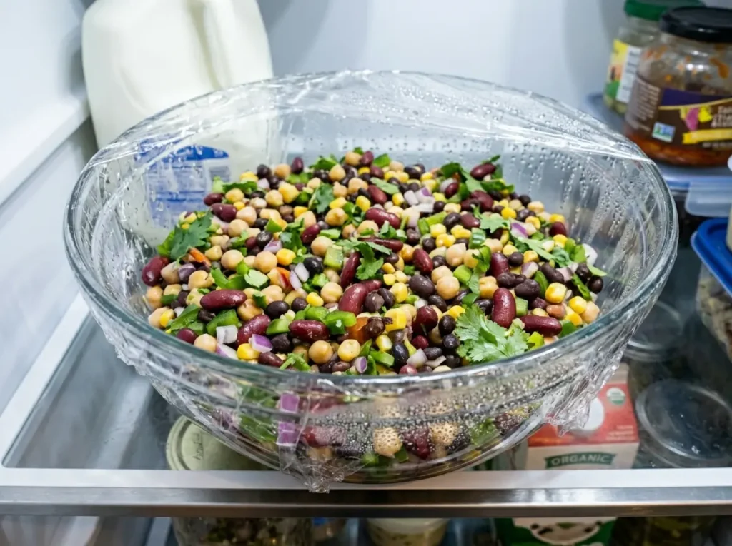 Dense bean salad marinating in the refrigerator