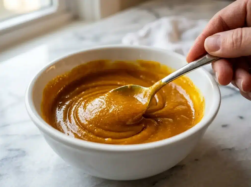 mixing neuro honey blend recipe in a white bowl with spoon
