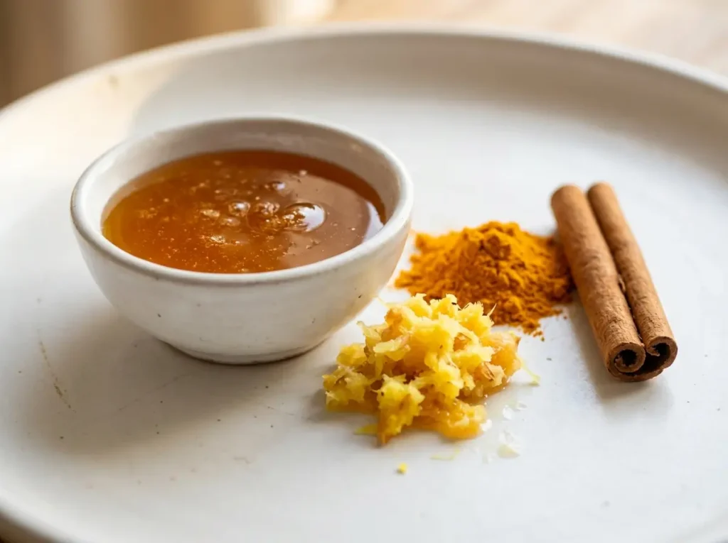 ingredients for neuro honey blend recipe including raw honey ginger turmeric cinnamon