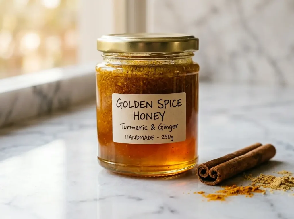 neuro honey blend recipe in a glass jar with turmeric and ginger