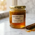 neuro honey blend recipe in a glass jar with turmeric and ginger