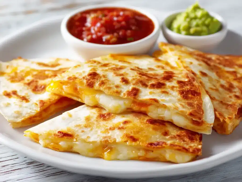 Crispy chicken quesadillas recipe with golden tortilla and melted cheese on white plate