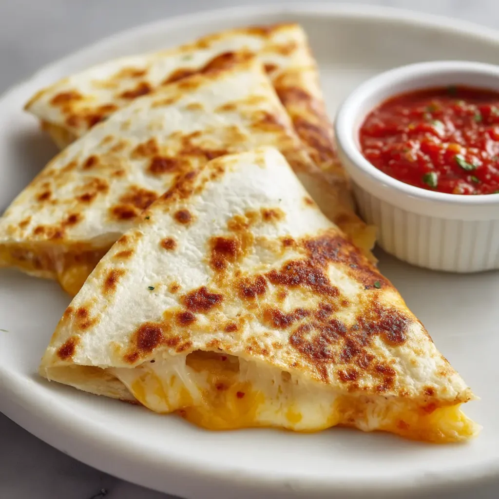 Quesadilla recipe triangle cut open showing melted two-cheese blend with red salsa