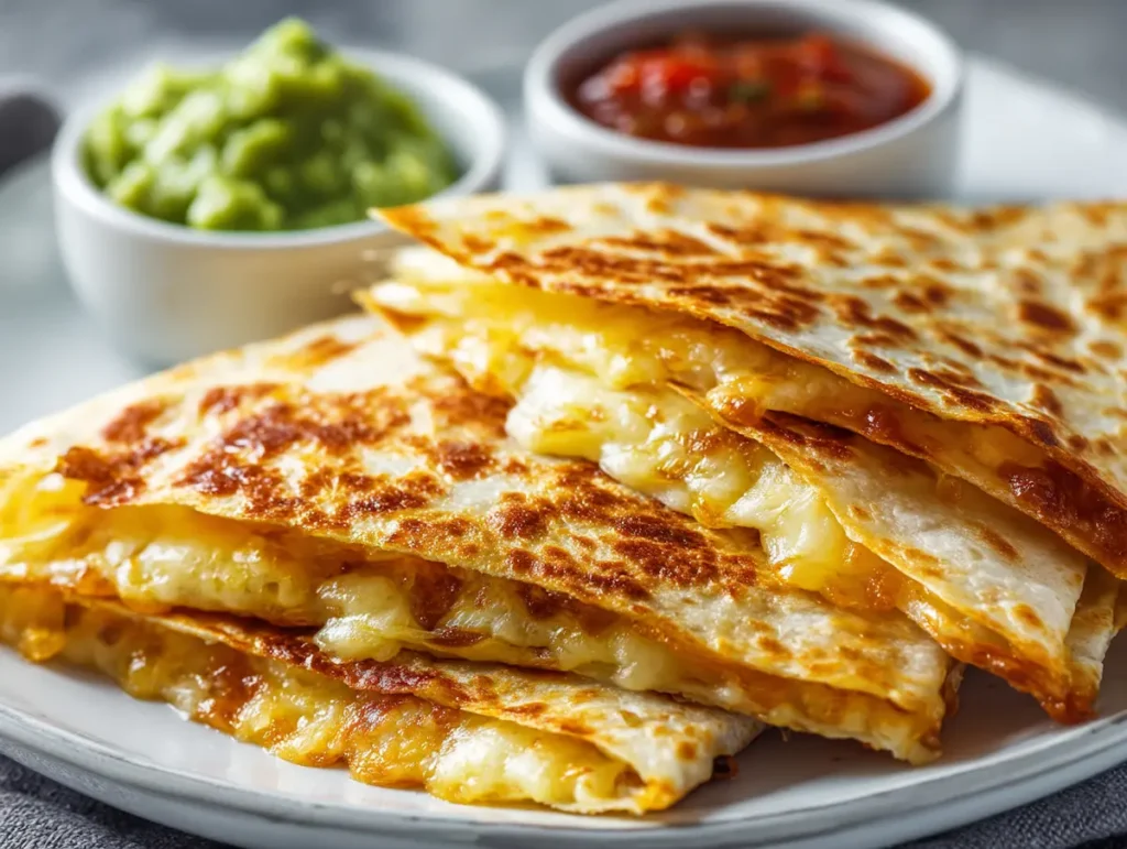 Shredded taco-seasoned chicken for quesadillas recipe on white marble