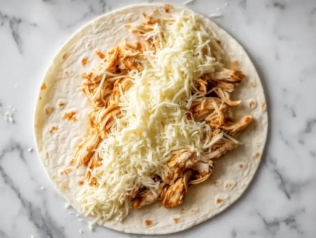 Assembling quesadilla recipe with cheese and chicken on 10-inch flour tortilla