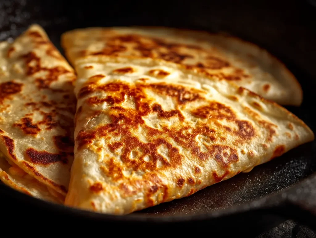 Quesadilla cooking in dry cast iron skillet over medium-high heat with no butter