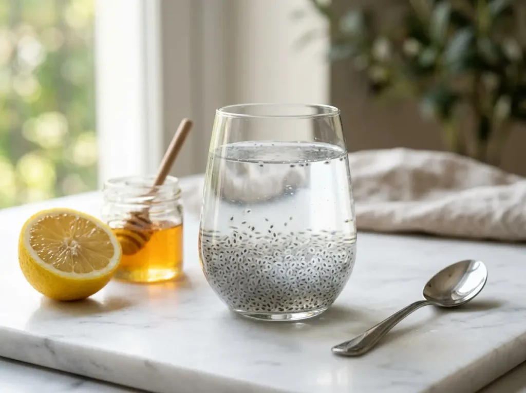 Sabja Seeds Morning Wellness Drink with Lemon and Honey on White Marble Sabja seeds morning wellness drink in clear glass with lemon and honey on white marble