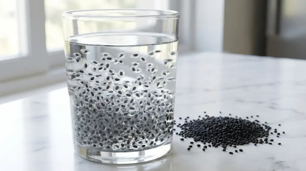 Sabja seeds soaked in clear glass of cold water with gel coating visible on white marble