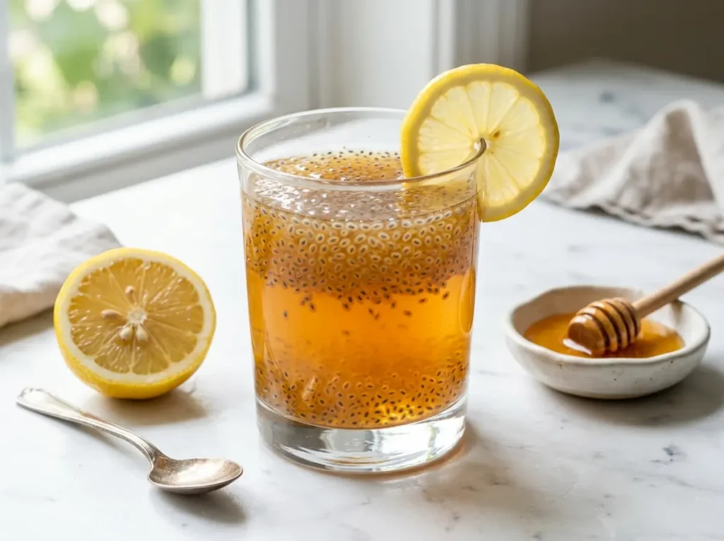 Sabja seeds lemon honey water recipe in clear glass on white marble Sabja seeds lemon honey water in clear glass with lemon half and honey spoon on white marble
