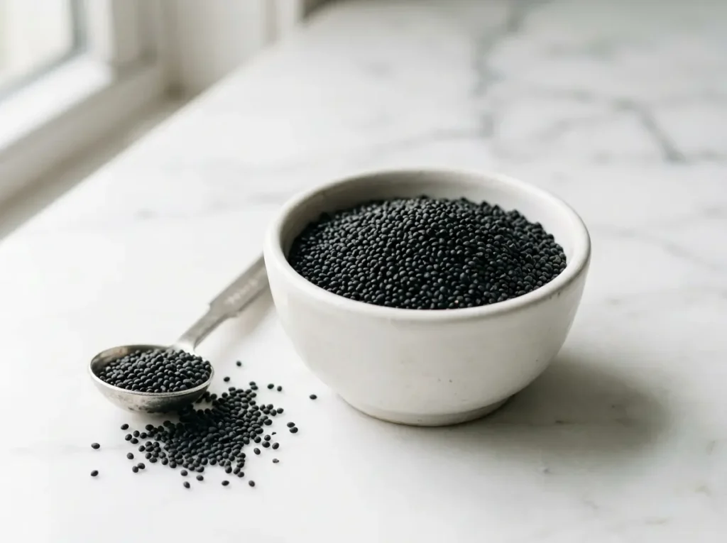 Dry Sabja Seeds in White Bowl Showing Color and Size on White Marble Dry sabja seeds in a small white ceramic bowl with measuring spoon on white marble