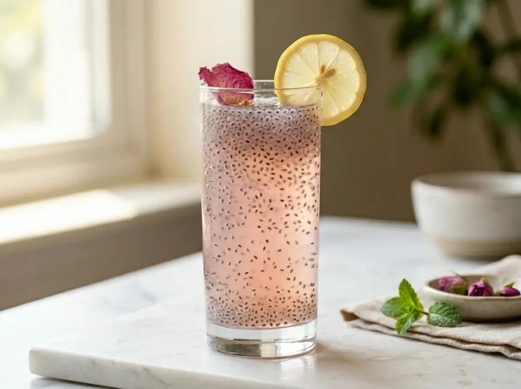 Sabja seeds rose lemonade recipe in tall glass on white marble Sabja seeds rose lemonade in tall clear glass with soaked seeds and rose petal garnish on white marble
