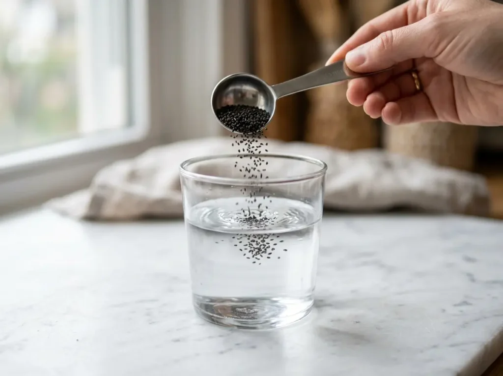 Sabja Seeds Measured in Teaspoon Before Soaking on White Marble One teaspoon of dry sabja seeds being added to a clear glass of cold water on white marble