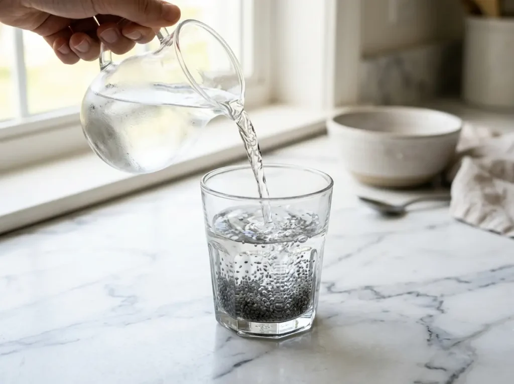Step 2 cold water poured over sabja seeds on white marble Cold water being poured over dry sabja seeds in a clear glass on white marble