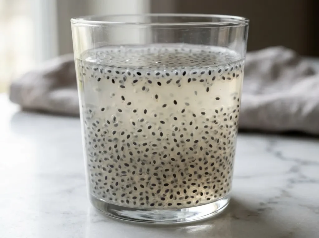 Step 3 fully soaked sabja seeds showing clear gel coating in glass on white marble Fully soaked sabja seeds in clear glass with transparent gel bubble coating on white marble