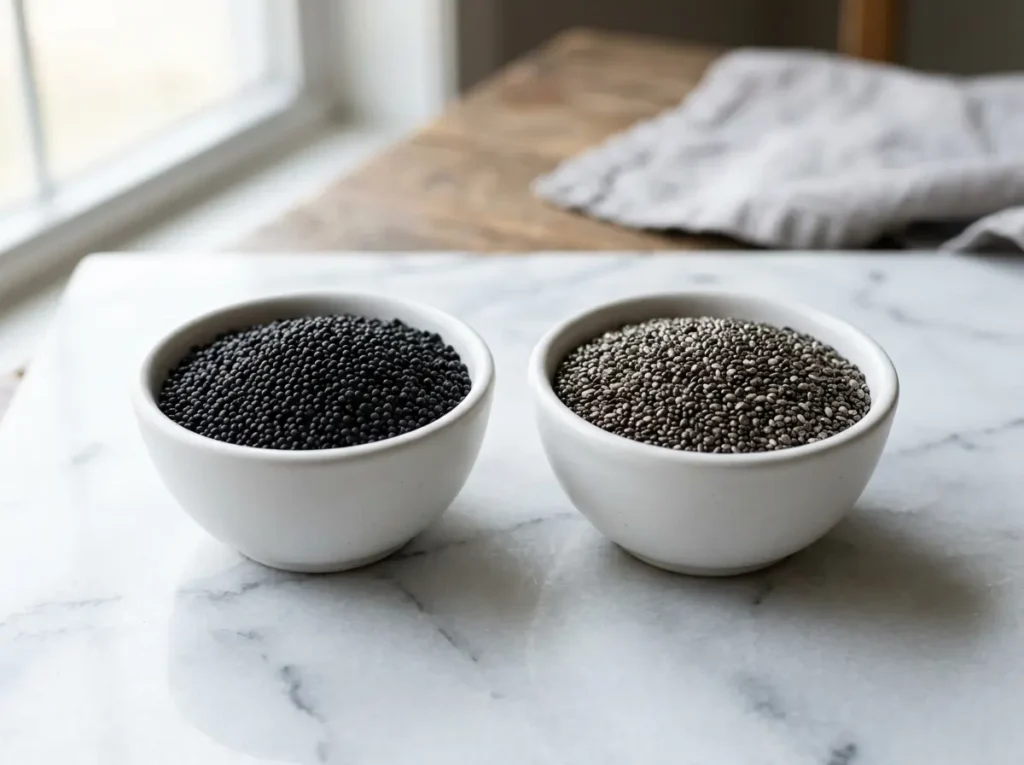 Sabja seeds compared to chia seeds in white bowls on white marble Sabja seeds and chia seeds side by side in two white bowls on white marble showing visual difference