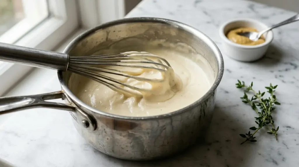 Making from scratch cream sauce for scalloped potatoes recipe in saucepan Homemade cream sauce for scalloped potatoes recipe being whisked in saucepan with butter flour and cream