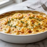 Scalloped potatoes recipe in white oval baking dish with golden bubbling cream sauce and fresh thyme on white marble