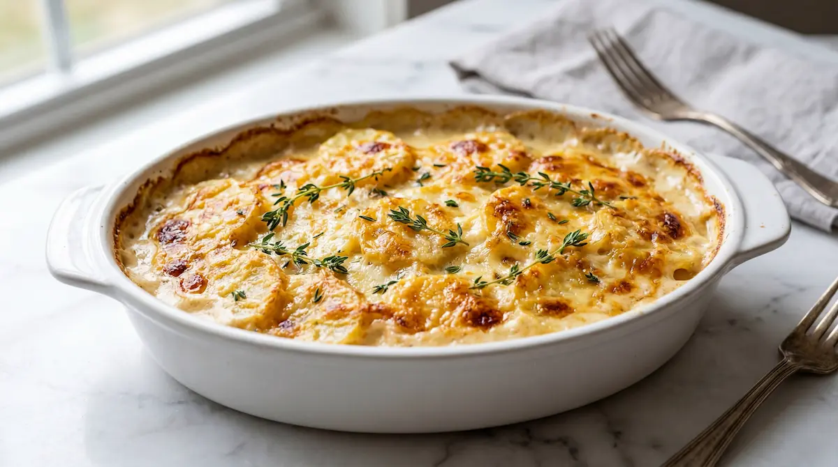 Scalloped Potatoes Recipe: 5 Secrets for Creamy Layers 2 Scalloped potatoes recipe in white oval baking dish with golden bubbling cream sauce and fresh thyme on white marble