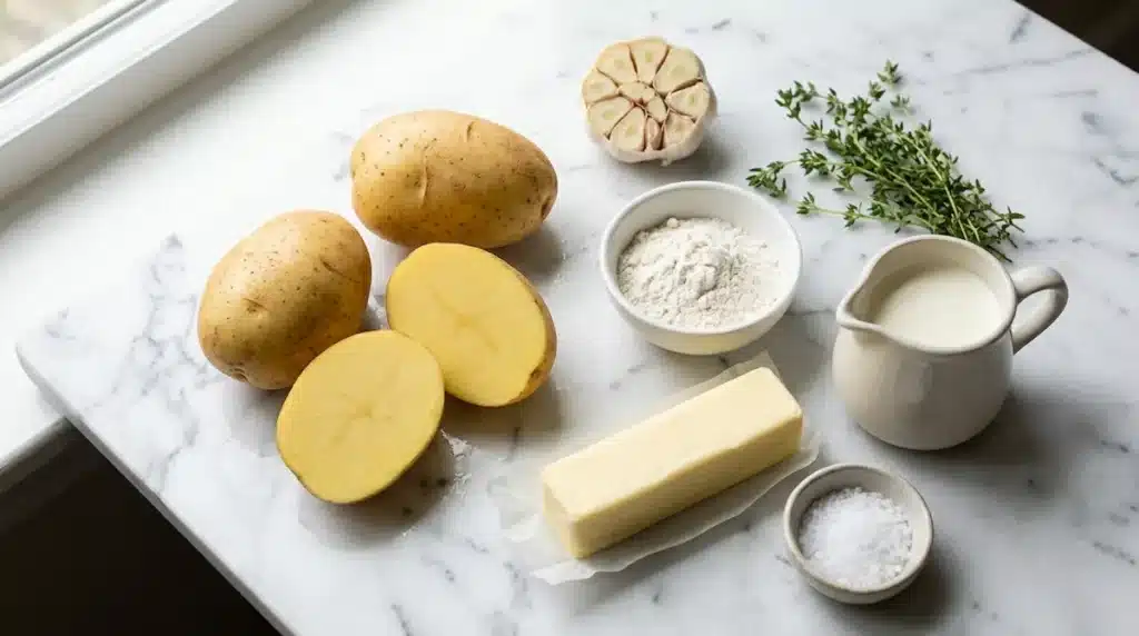 All ingredients for scalloped potatoes recipe from scratch on white marble Scalloped potatoes recipe ingredients including Yukon Gold potatoes butter cream garlic thyme on white marble