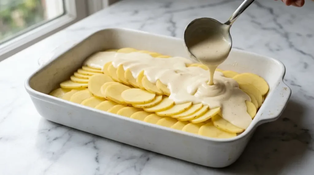 Layering scalloped potatoes recipe in white baking dish with cream sauce Layering sliced Yukon Gold potatoes and cream sauce in white baking dish for scalloped potatoes recipe
