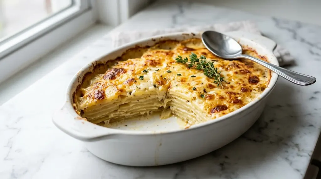 Perfect scalloped potatoes recipe result with golden top and creamy layers in white baking dish Finished scalloped potatoes recipe in white baking dish with golden cream sauce top and clean serving spoon