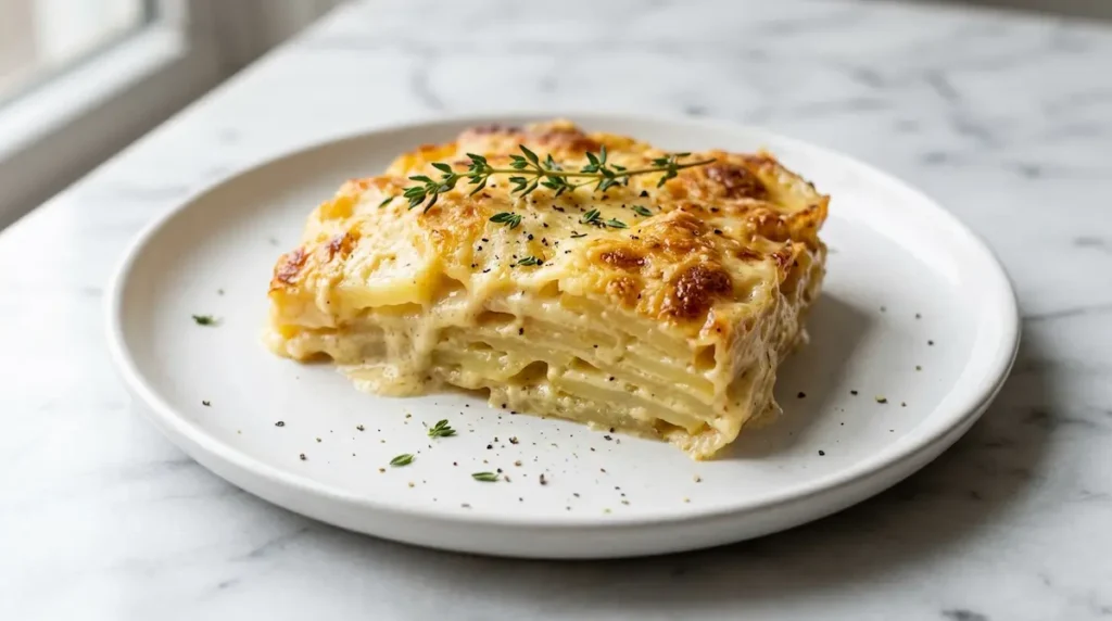 Scalloped potatoes recipe single serving on white ceramic plate showing creamy layers Plated scalloped potatoes recipe serving with creamy layers and golden top on white ceramic plate