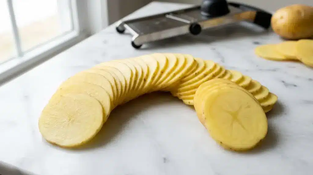 Correctly sliced Yukon Gold potatoes for scalloped potatoes recipe on white marble Sliced Yukon Gold potatoes at 1/8 inch thickness on white marble for scalloped potatoes recipe