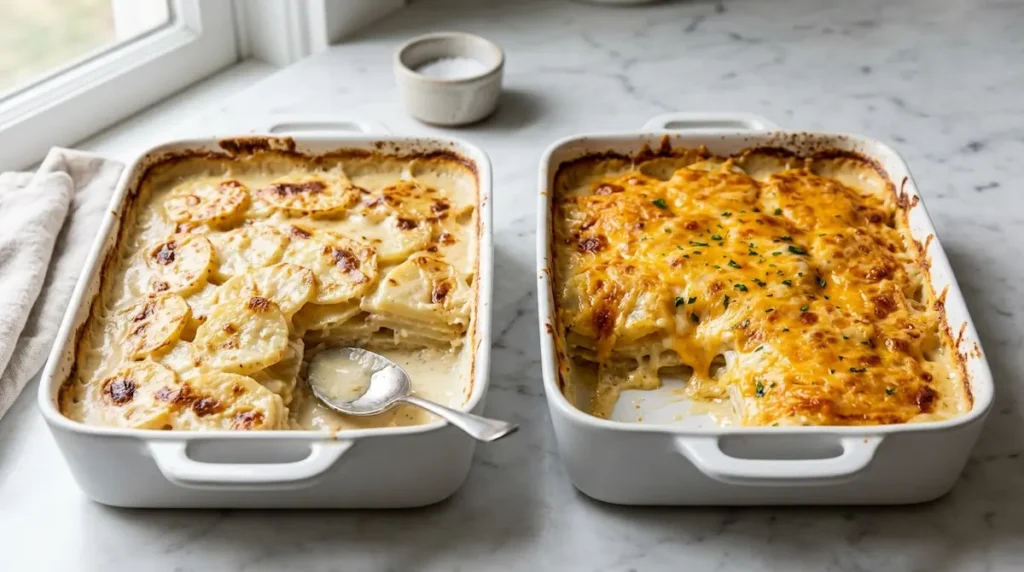 Scalloped potatoes versus au gratin versus dauphinoise comparison on white marble Scalloped potatoes vs au gratin potatoes vs dauphinoise side by side in white baking dishes on white marble