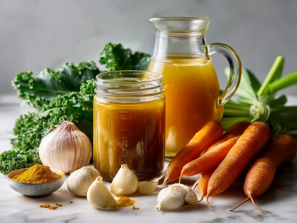 Sourdough discard gut healing soup ingredients on white marble