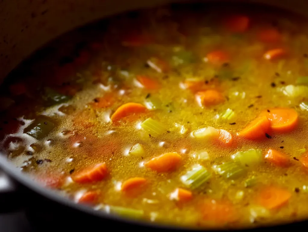 Tempered sourdough discard being stirred into gut healing soup