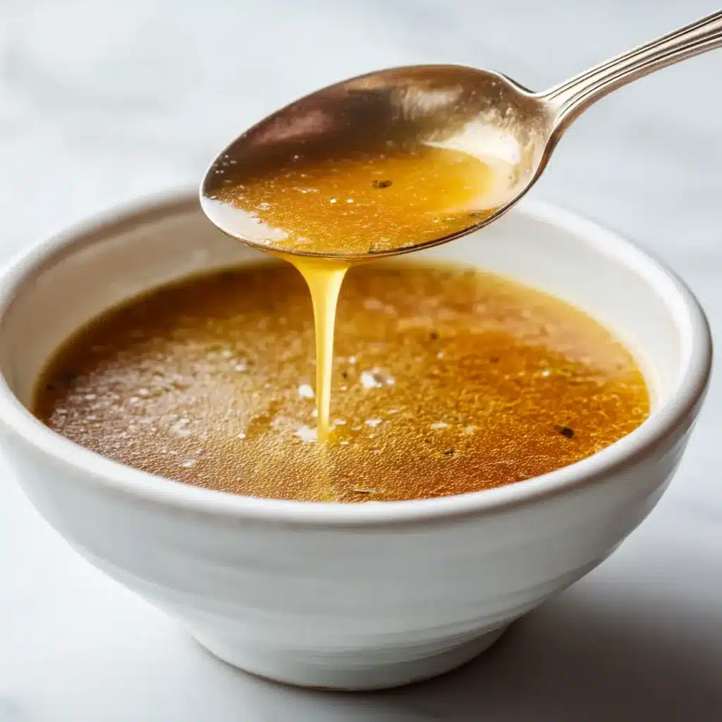 Sourdough discard being tempered in hot soup broth in small bowl