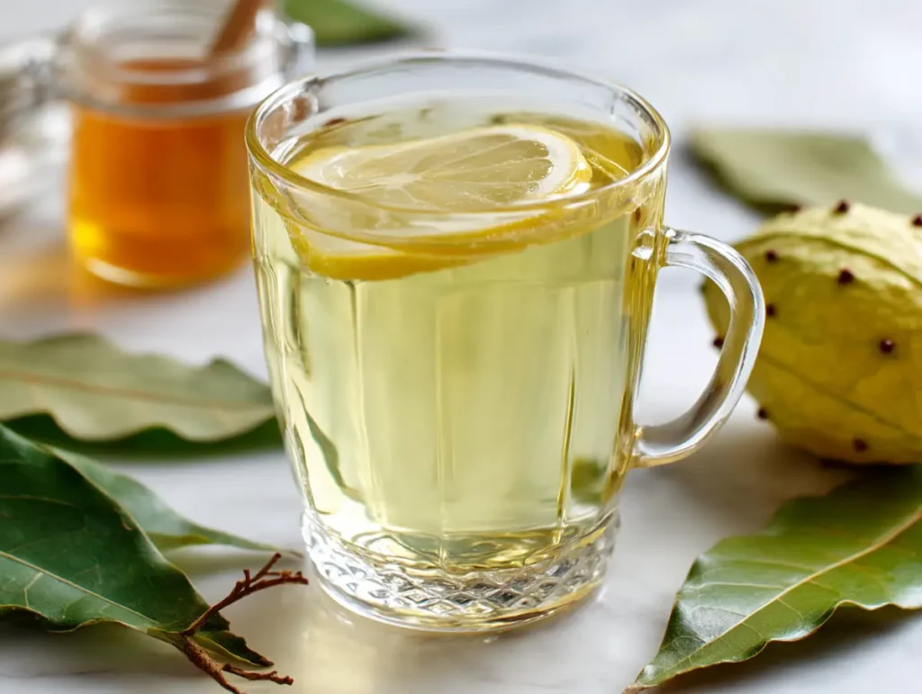 soursop-leaf-tea-finished Finished soursop leaf tea with lemon and honey on white marble