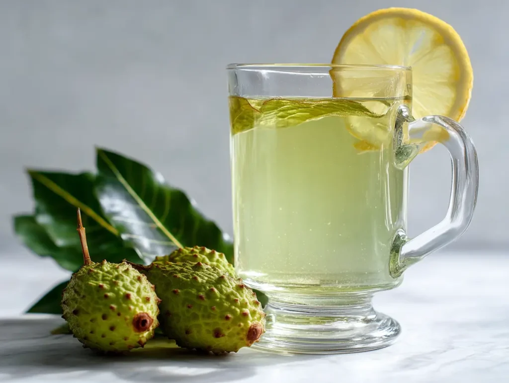 Soursop leaf tea in clear glass mug on white marble surface