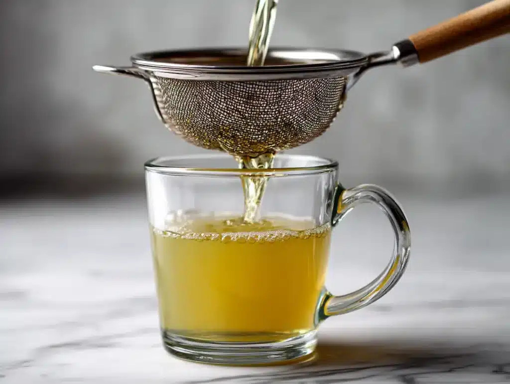soursop-leaf-tea-straining Straining soursop leaf tea through fine mesh strainer into mug