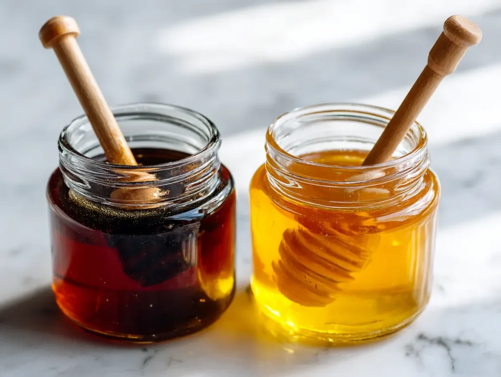 tualang-honey-vs-manuka-honey-jars tualang honey vs manuka honey two jars comparison color difference