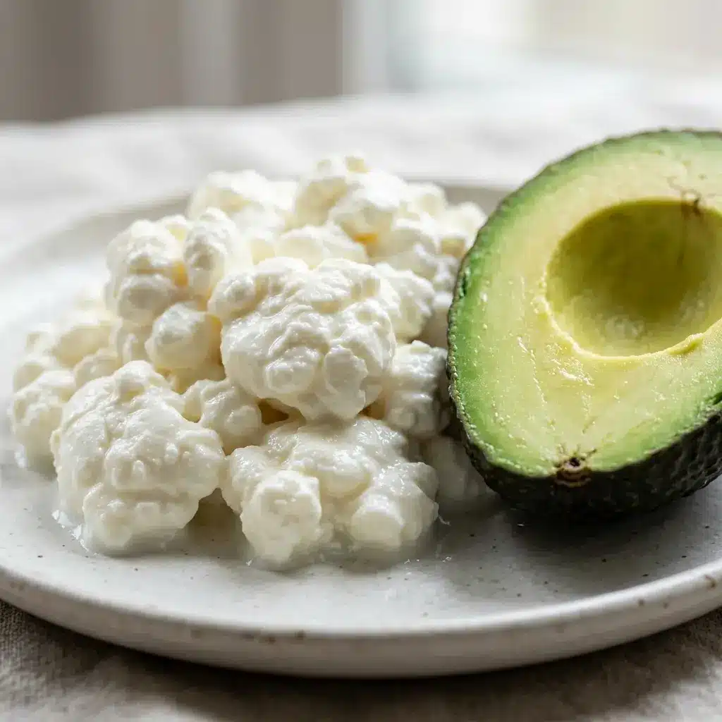 Macro shot of full-fat cottage cheese and avocado