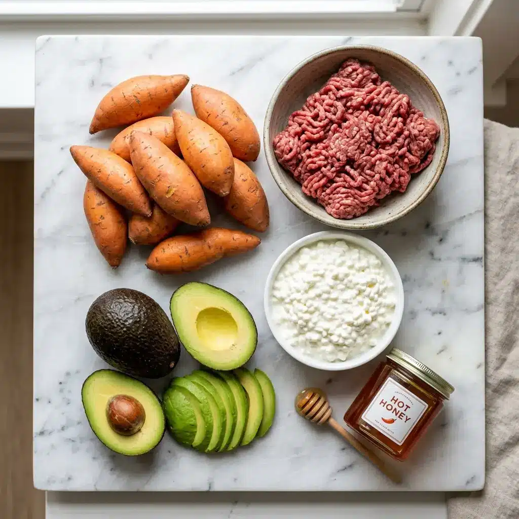 Fresh ingredients arranged for the cottage cheese beef bowl